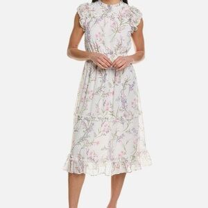 CeCe Flutter Sleeve Smocked Waist Midi Dress in a white floral in size 1X